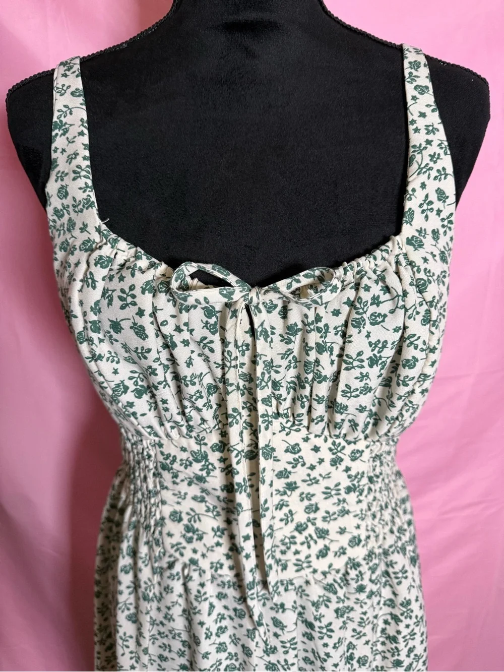 Blush Cream Maxi Dress with Green Floral Print and Tie Front